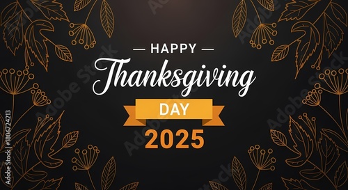 Elegant happy thanksgiving day 2025 banner with golden leaves and dark background