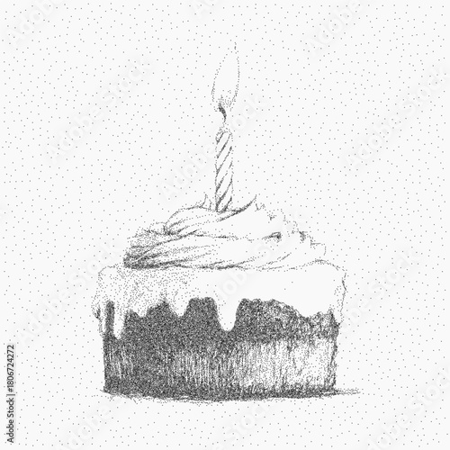 A cake with a candle. Noisy silhouette with grain marks, threshold blur, and subtle ink stains. Paper texture with dusty edges and scattered grit throughout.