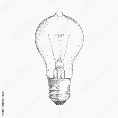 Line drawing of a light bulb with soft grain, subtle paper dust and speckle, faded vintage texture and fine stipple details across the glass and base.