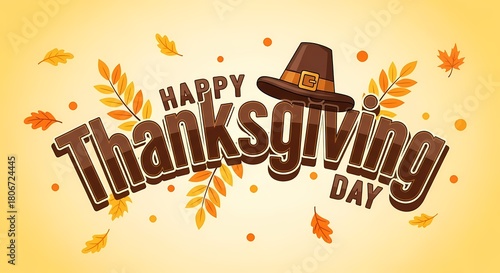 Happy thanksgiving day banner with pilgrim hat and autumn leaves on yellow background