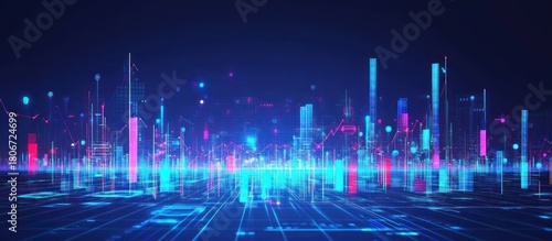 Digital city skyline with vibrant neon lights and data streams concept