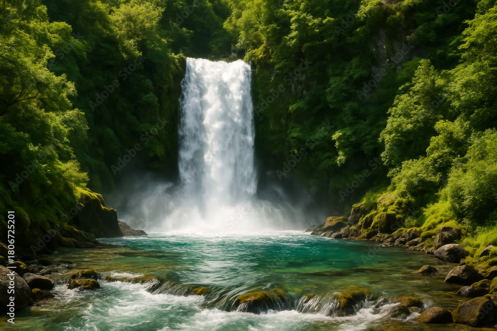 Fototapeta premium Majestic waterfall cascading into serene turquoise pool surrounded by greenery