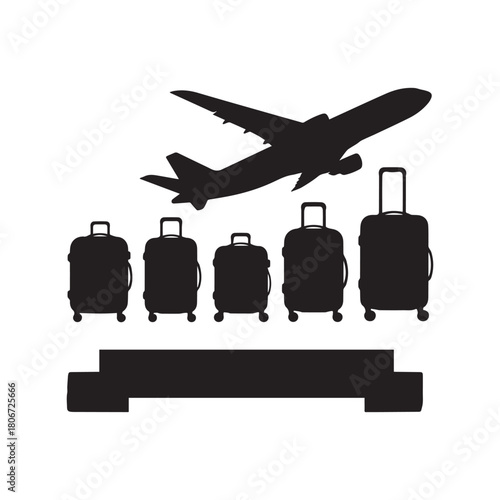  Black Silhouette of Airplane Taking Off Above Stacked and Individual Luggage Bags. 