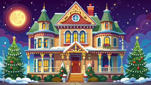 Very beautiful gingerbread-style Victorian home in Cape May, New Jersey, adorned with festive Christmas lights, wreaths, and holly, creating a charming holiday atmosphere in a historic coastal town.