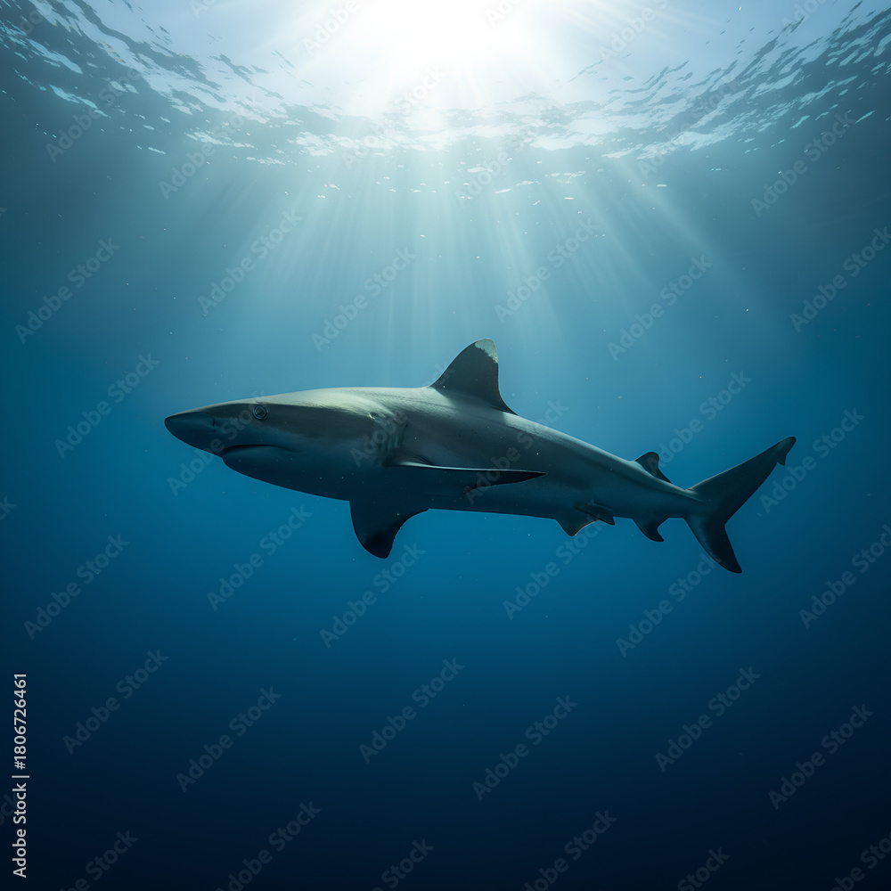 Fototapeta premium A lone shark glides through deep blue water as sunlight beams filter from above, creating a dramatic and serene underwater wildlife scene. 