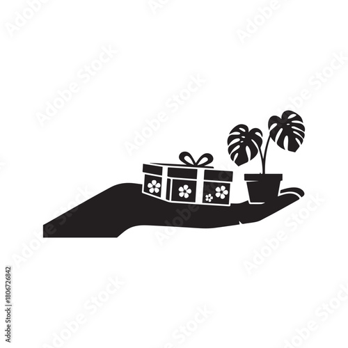  Black Silhouette of Hand Holding Gifts and Potted Monstera Plant Illustration.