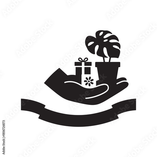  Black Silhouette of Hand Holding Gifts and Potted Monstera Plant Illustration.