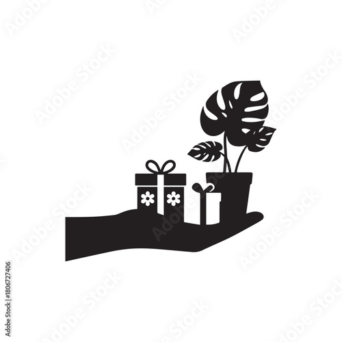  Black Silhouette of Hand Holding Gifts and Potted Monstera Plant Illustration.