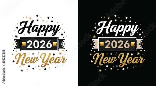 Festive happy new year 2026 design featuring elegant typography, sparkling confetti, and a celebratory banner, isolated on, perfect for greeting cards and banners