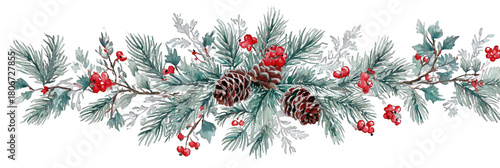 Wallpaper Mural Watercolor Christmas Winter Garland Border with Pine, Berries, and Pine Cones on Isolated Background Torontodigital.ca