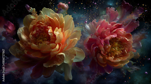 Cosmic Peonies in Ethereal Orange and Pink Bloom