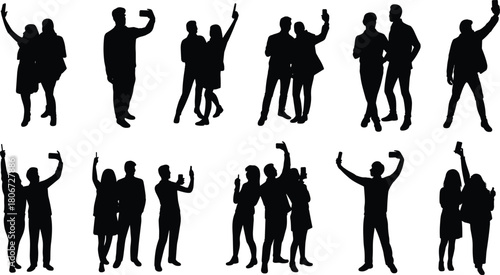 People taking selfie silhouette set with smartphones for social media and technology concept.