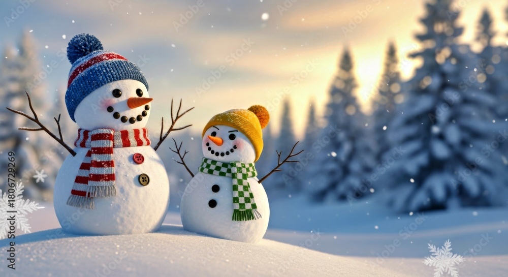 Fototapeta premium Two Adorable Snowmen Winter Landscape Scarf Hat Holiday Image