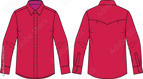 Classic red button down shirt with long sleeves, front and back vector mockup for men's fashion apparel design, technical clothing sketch.
