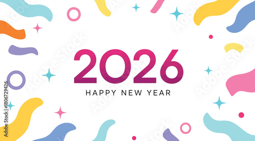 Celebrate the upcoming year with this festive 2026 happy new year design featuring colorful abstract shapes and sparkling stars, perfect for greeting cards, banners, and social media posts isolated on