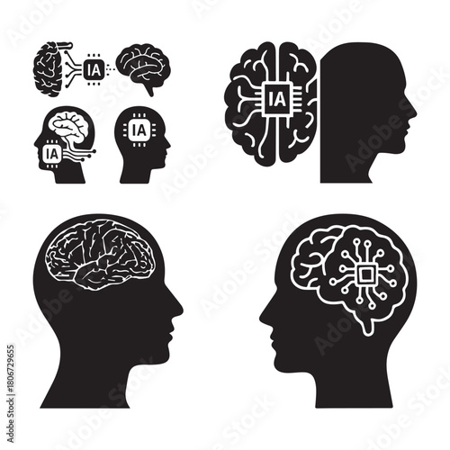Ai microchip integration with human brain silhouette showing cognitive enhancement and neural interface concept