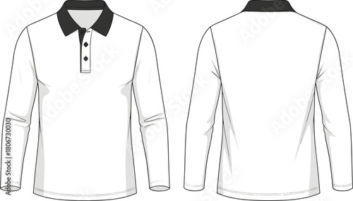 Men’s polo shirt technical sketch vector, front and back view, fashion flat drawing, garment construction illustration, apparel design asset
