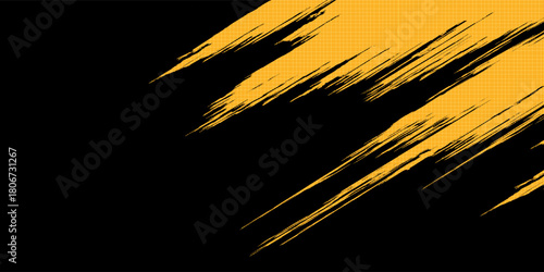 Halftone yellow dots pattern and black gradient grunge texture background. Dotted line comic sport style vector illustration.