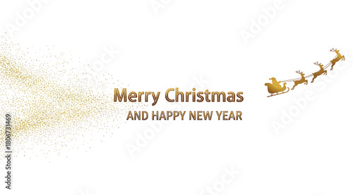 A festive christmas banner isolated on featuring golden glitter, the text merry christmas and happy new year, and santas sleigh being pulled by reindeer in the sky