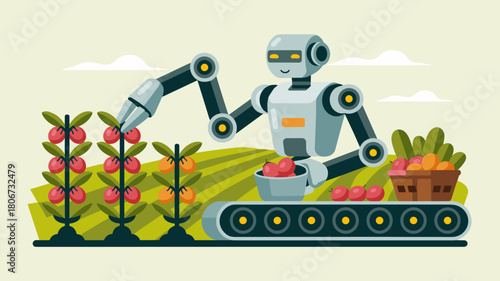 robot with robotic arm harvesting tomatoes in a field, vector illustration for smart robotics in harvesting, agricultural automation, and agritech innovation