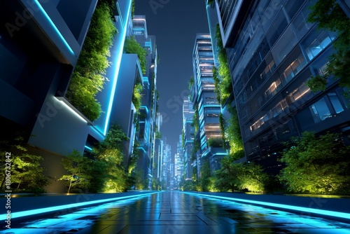 A futuristic city street glows with blue light beside tall buildings featuring vertical gardens at night.