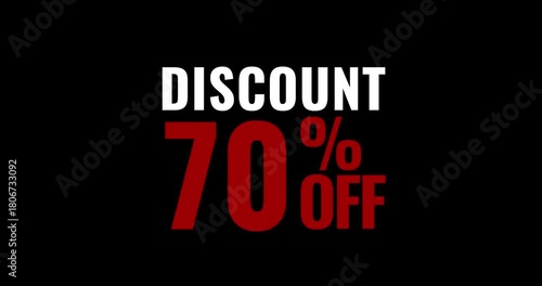 discount 70 percent off. Motion text discount 70% off. Transparent Background Animation. motion text 4k video with alpha channel