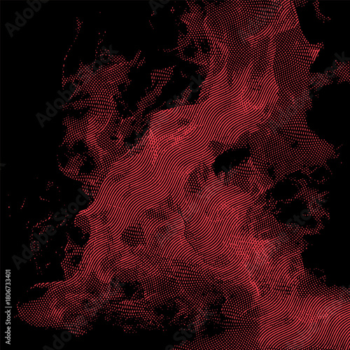 Halftone waves creating energetic, flame-inspired motion forms. Perfect for backgrounds, tech visuals, and creative digital artwork.