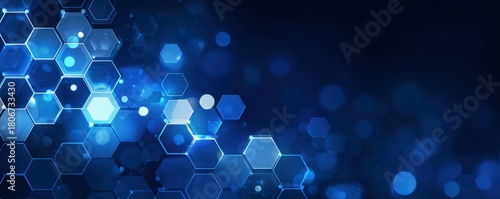 Futuristic Technology Background with Glowing Hexagons and Bokeh Lights.