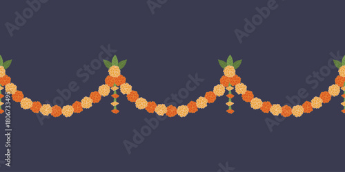 Marigold garland seamless border for Indian traditional festive decorations. Bright yellow and orange floral border for Diwali, Pongal festival, wedding, pooja or spiritual celebration.