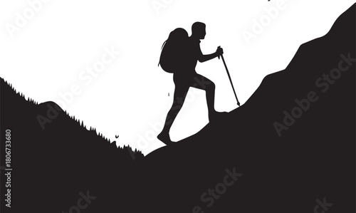 Silhouette of a hiker with backpack and poles climbing a steep mountain peak