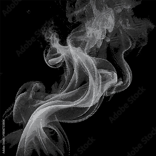 Abstract halftone smoke flow illustration on dark background.