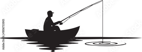 Silhouette of a lone angler fishing from a small boat on calm water at dawn.