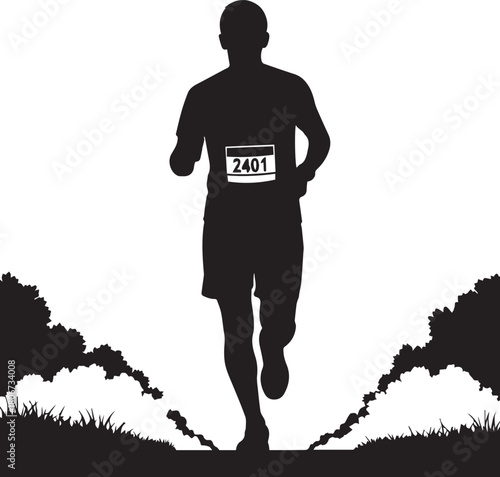 Silhouette of a determined runner with bib number 2401 in a race event