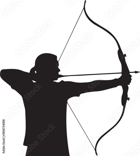 Silhouette of an archer drawing a bow aiming with focus skill and precision in outdoor hobby