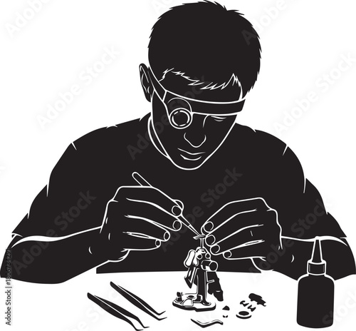 Silhouette of person focused on miniature crafting and model building with tools