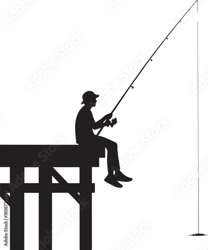 Silhouette of a man fishing from a wooden dock rod casting line peaceful outdoor hobby relaxation