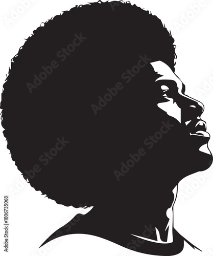 Silhouette of a black man with a large afro looking up