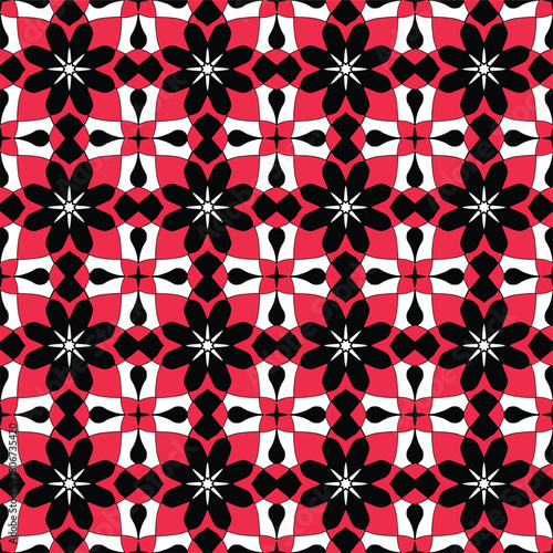 Bold Red and Black Geometric Floral Seamless Pattern.