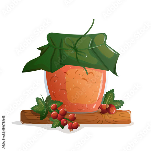 Red currant jam or tea jar with leaves. Glass jar filled with red currant jam or fruit tea, decorated with leaves and berries, perfect for food packaging, recipes, farm branding and organic themes.