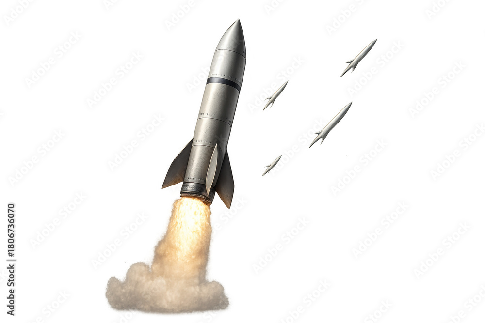 Obraz premium Missile launch with warhead separating, military rocket flying, space weapon technology, war and conflict concept