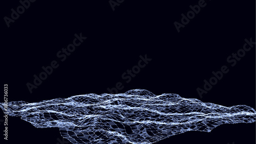 Abstract vector technology blue wave in the center with motion dots and lines. AI in virtual reality on digital background. Wireframe texture. Dynamic analysis a network connection data.