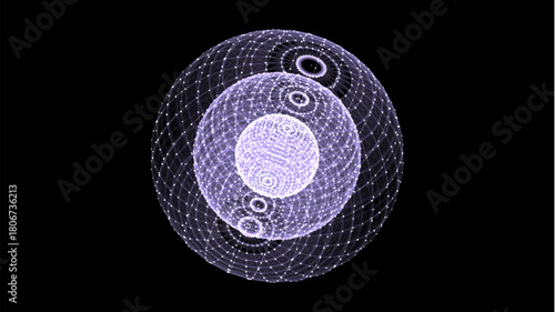 Futuristic vector purple sci-fi sphere in space. Technology circle a network connection big data. Digital ai background with particles. Abstract frame ball. 3D wireframe geometric sphere.