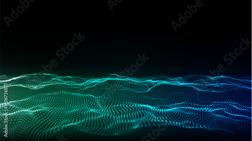 Abstract vector technology colors wave with motion glowing dots. Dark cyberspace in digital background. Connection big data. Futuristic wireframe texture. Dynamic analysis a network connection.