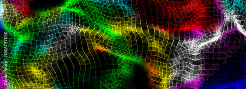 Abstract vector technology colors wave top view with moving dots and lines. AI in virtual reality on digital background. Wireframe texture. Dynamic network connection data analysis.