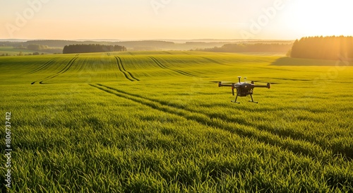 Drone flying over lush green crop field at sunrise, showcasing smart agriculture technology, precision farming, environmental monitoring, sustainable food production and modern agritech innovation