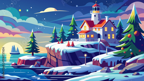 Very beautiful view of the Nubble Light in Maine, New England, standing on a snowy island and adorned with festive Christmas decorations, glowing warmly against the winter landscape and coastal waters