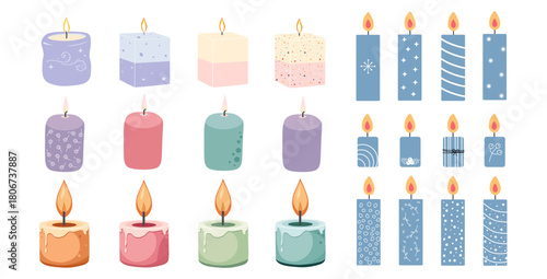 Big set of candles isolated on  white background. Delicate colors, Christmas mood and celebration. Flat design in vector.