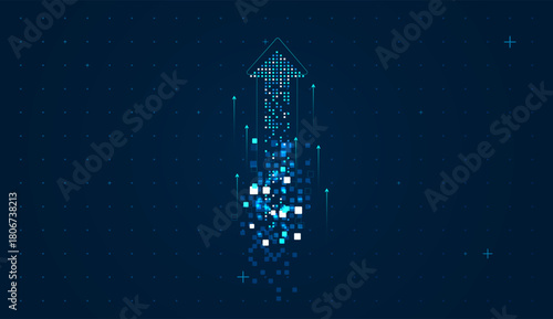 The pixelated arrows pointing upward, created from bright blue digital blocks. uptrend arrows of rising trends concept, used for business and finaceial growth of success