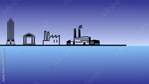 Urban City Buildings Line Drawing Video Monochrome Architecture on blue Background