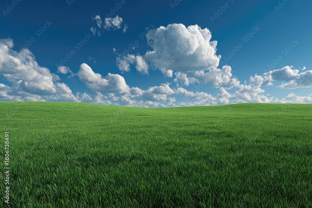 Fototapeta premium Vast grassy field under a partly cloudy sky. Rolling hills